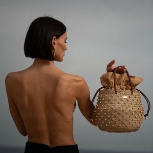 Le Nine Antique Gold Carol Crystal Silk Shoulder / Evening Bucket Bag NEW